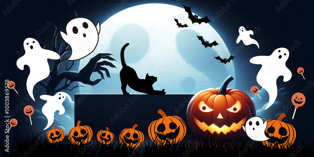Halloween concept background for party invitation with scary pumpkin lights and cute ghosts for celebration on full moon night. Banners, Website, template, Poster, Promotion, illustration Halloween concept background for party invitation with scary pumpkin lights and cute ghosts for celebration on full moon night. Banners, Website, template, Poster, Promotion, illustration