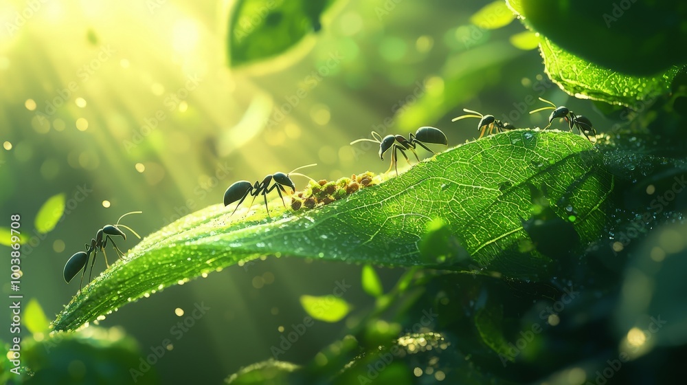 Ants Carrying Food on Green Leaf in Vibrant Nature Ants Carrying Food on Green Leaf in Vibrant Nature