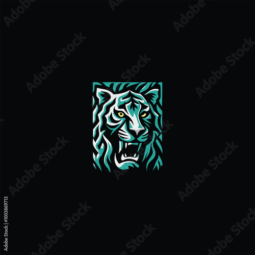 Hidden Tiger Logo. he logo features the head of a tiger peeking out from the jungle thickets, enclosed within a square on a black background, creating an effect of mysterious and powerful wildlife.
