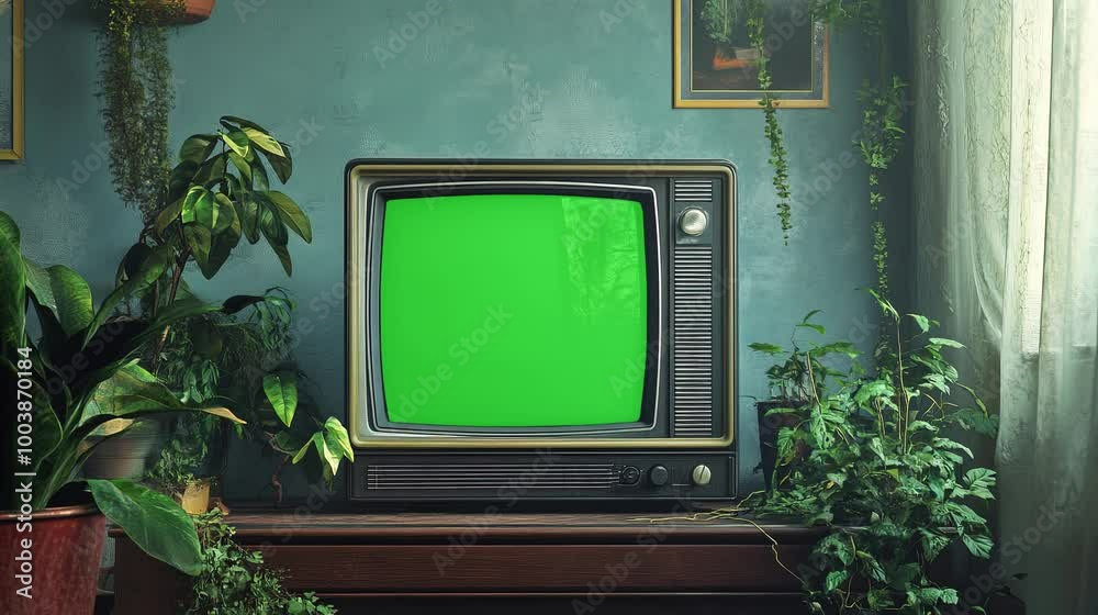 Old CRT TV powering on with green background for video editing