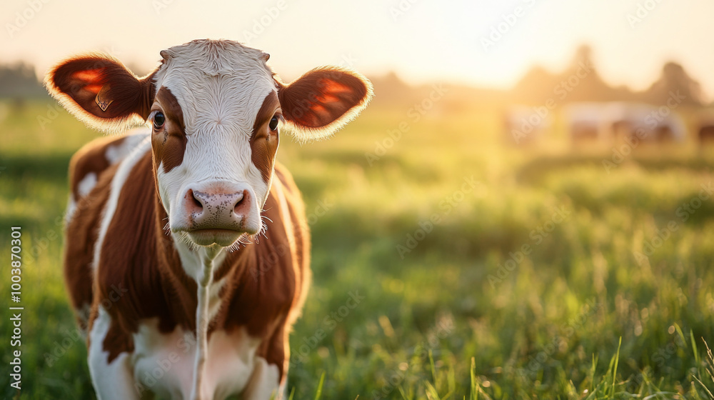 A young calf grazes peacefully in a sunlit meadow during a serene evening hour A young calf grazes peacefully in a sunlit meadow during a serene evening hour