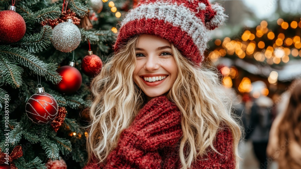 Festive Cheer at the Christmas Market Beautiful Young Woman Enjoys the Winter Holiday Atmosphere Festive Cheer at the Christmas Market Beautiful Young Woman Enjoys the Winter Holiday Atmosphere