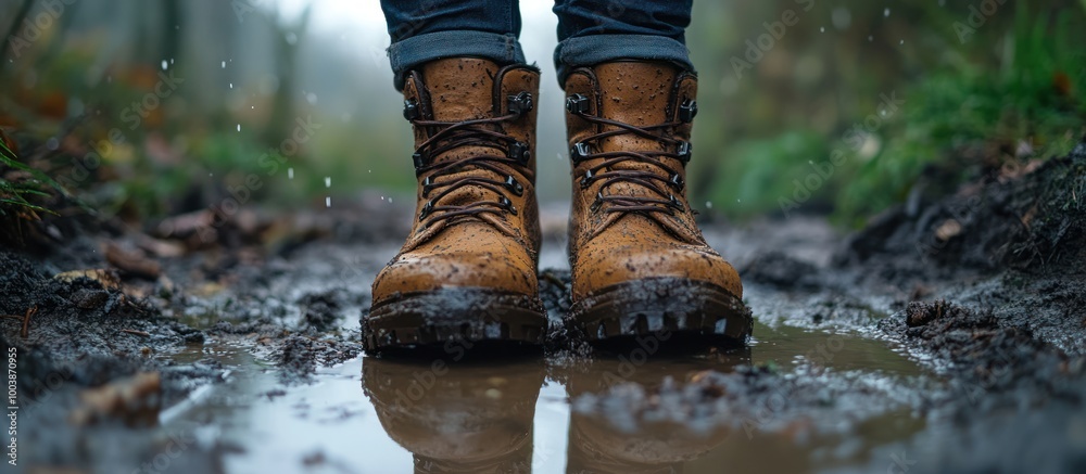 Closeup of brown leather boots standing in a muddy puddle during a rainy day in a forest. Closeup of brown leather boots standing in a muddy puddle during a rainy day in a forest.