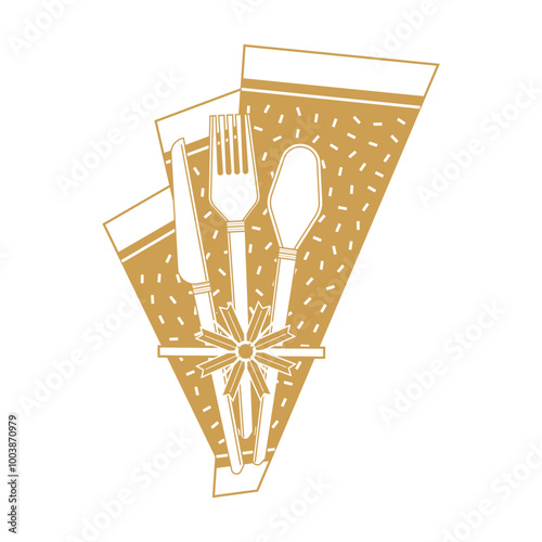 an illustration of a napkin, cutlery, knife, and fork, Christmas feast concept illustration. Monochrome style