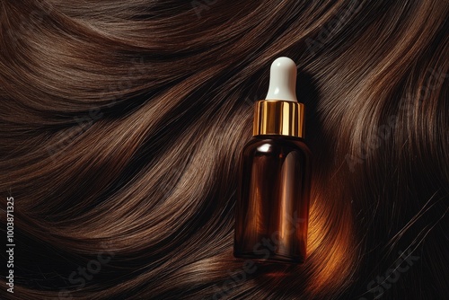 Hair oil bottle on strands. It can be used for advertising or showcasing hair care products.