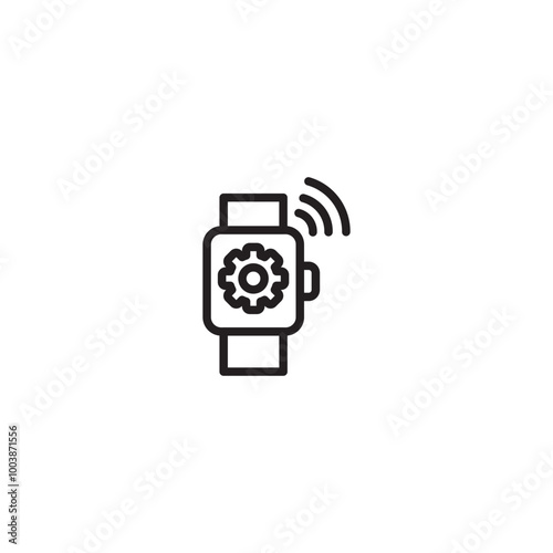 Line drawing of a smartwatch with a gear icon. Minimalist line art of a smartwatch with a gear icon, symbolizing smart device settings or customization. Editable icon.