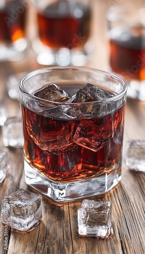 Close-Up of a Glass of Whiskey and Ice on Rustic Wooden Table, Ideal for Beverage Industry photo