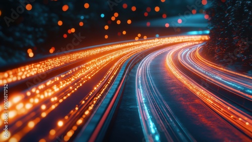 Long exposure shot of light trails on a road at night, creating dynamic vibrant patterns.