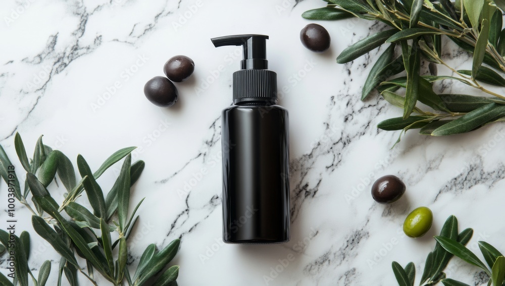 minimalist photo of black spray olive oil bottle mockup with olive and leaves on marble table