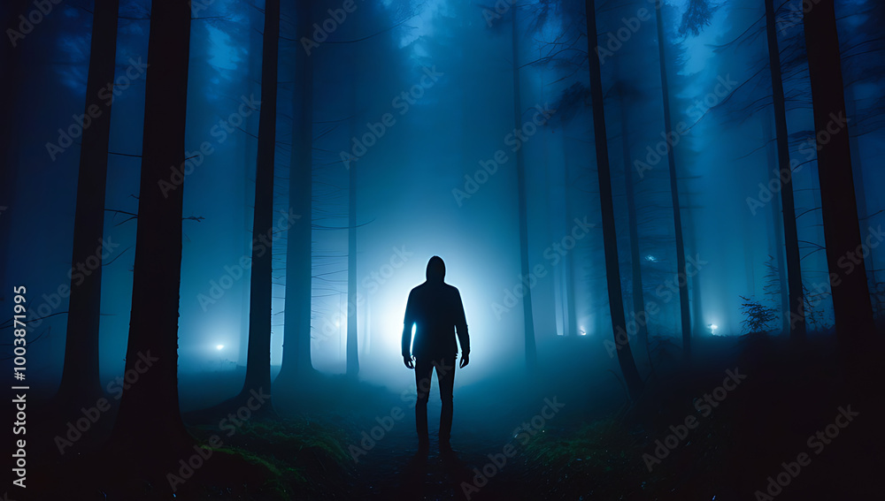 man silhouetted foggy forest night creating creepy atmosphere man silhouetted foggy forest night creating creepy atmosphere