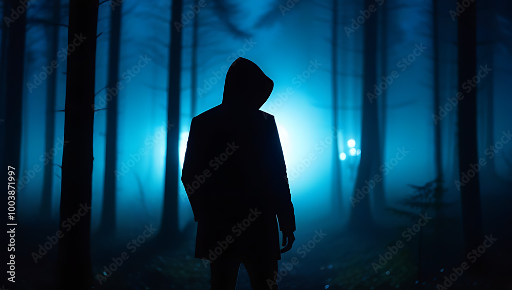 man silhouetted foggy forest night creating creepy atmosphere man silhouetted foggy forest night creating creepy atmosphere