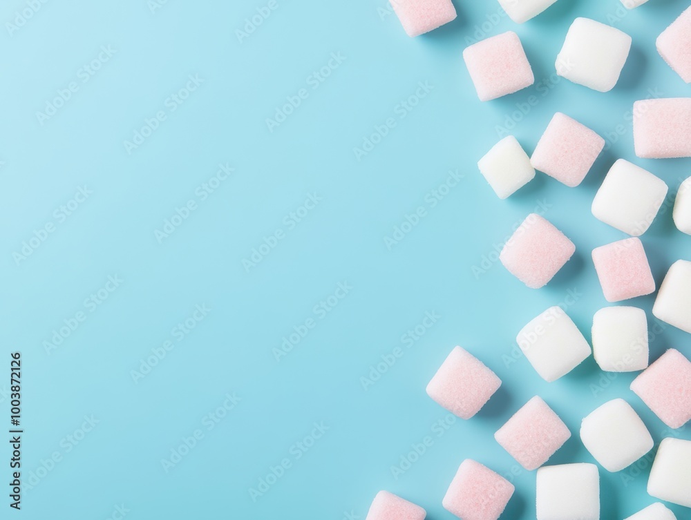 Assorted marshmallows on a blue background, perfect for sweet treats and desserts. Assorted marshmallows on a blue background, perfect for sweet treats and desserts.