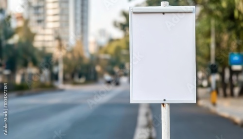 Blank billboard in urban street, ready for advertising, with blurred city background.