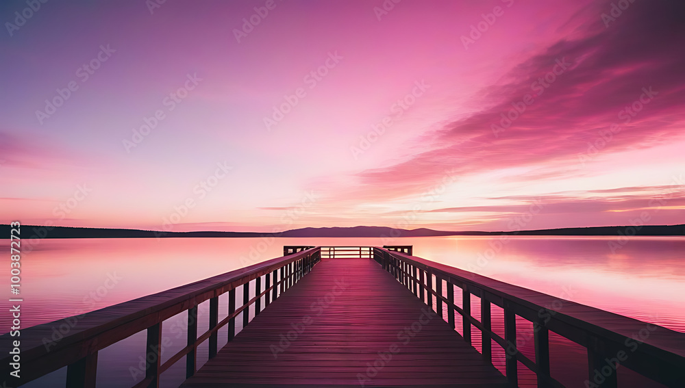 Obraz premium quay pier deck vibrant pink sunset lake
