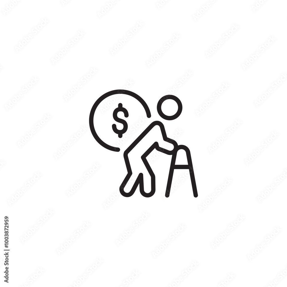 Senior with walker, money burden. Elderly care costs. Financial strain icon. Money and elderly care icon. Financial needs of seniors. Senior with walker, money burden. Elderly care costs. Financial strain icon. Money and elderly care icon. Financial needs of seniors.