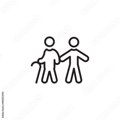 Helping hand. Senior support icon. Caregiver assisting elderly person. Two figures, one with a cane.