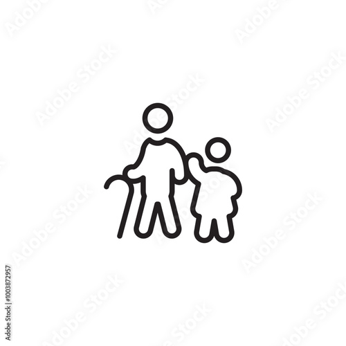 Grandparent and woman child. Intergenerational icon. Guiding hand. Elderly and child icon. Two figures, one with cane.