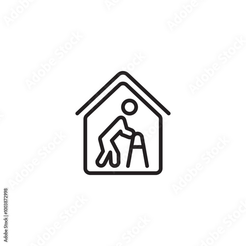 Home care for seniors. Line art icon. Senior living at home. Support icon. Senior with walker at home. Home and senior icon.
