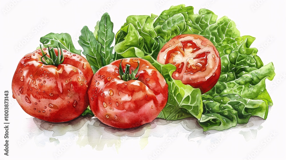 Illustration of fresh tomatoes and lettuce, isolated against a white background, representing healthy food elements Illustration of fresh tomatoes and lettuce, isolated against a white background, representing healthy food elements