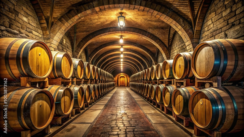 In a dimly lit cellar, symmetrical wine barrels evoke an intimate charm, fostering a warm, inviting ambiance that In a dimly lit cellar, symmetrical wine barrels evoke an intimate charm, fostering a warm, inviting ambiance that