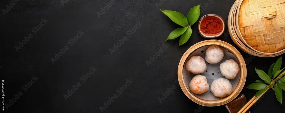Delicious dim sum served in a bamboo steamer with dipping sauce and fresh leaves on a dark background. Delicious dim sum served in a bamboo steamer with dipping sauce and fresh leaves on a dark background.