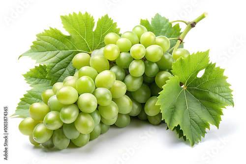 Fresh green grape with leaves isolated on white background.
