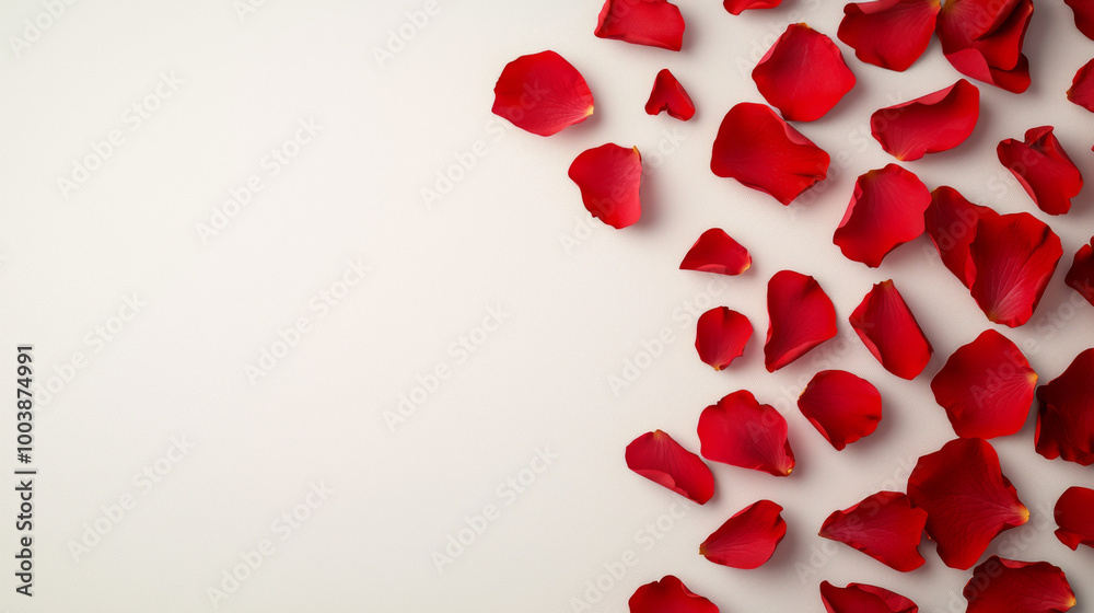 Scattered red rose petals on a light background creating a romantic atmosphere Scattered red rose petals on a light background creating a romantic atmosphere