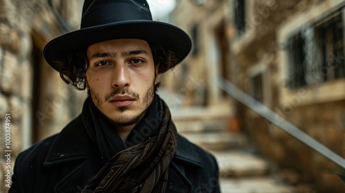 Young Jewish man dressed in black coat and accessories, praying outdoors in Jerusalem, capturing the essence of traditional Jewish prayer practices