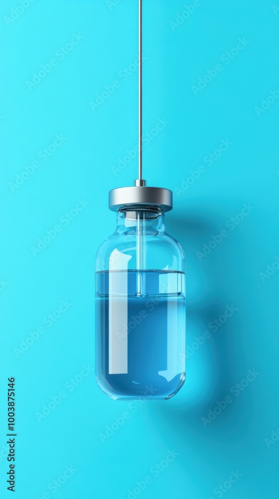 Glass vial containing blue liquid suspended against a bright blue background. Glass vial containing blue liquid suspended against a bright blue background.