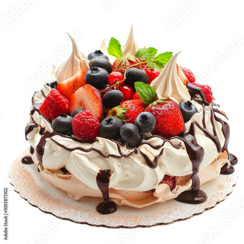 Classic Pavlova meringue-based dessert isolated on a transparent background, PNG, cutout photo