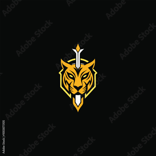 Tiger Sword Logo. The concept of a tiger head logo combined with a sword with a futuristic, unique and modern style. The logo is easy to remember and easy to apply in various media. photo