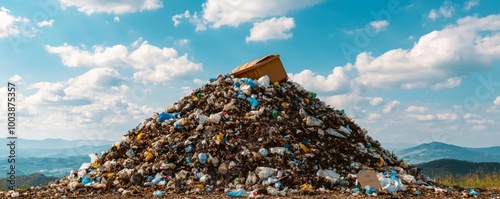 An overflowing landfill site with mountains of trash, visualizing the environmental impact of waste management