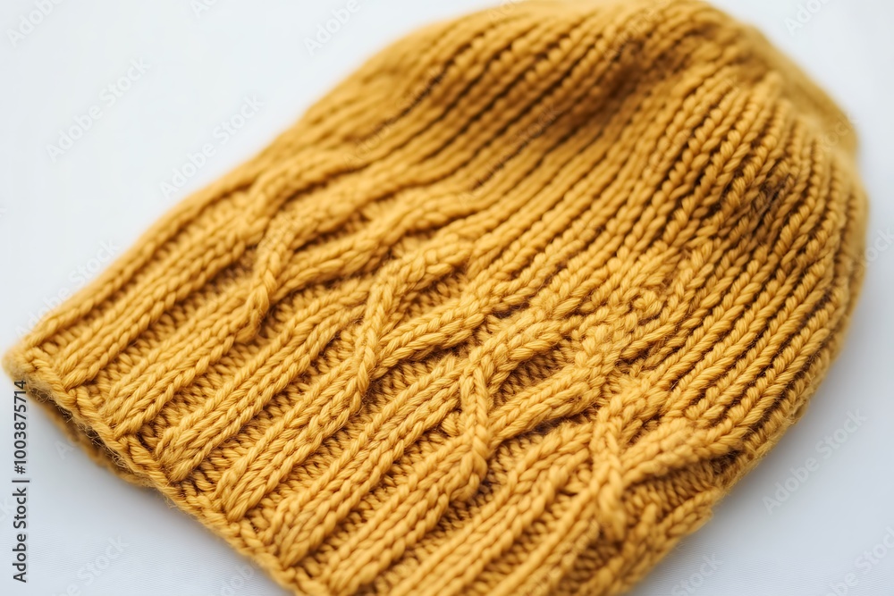 Fototapeta premium knitted dark yellow hat isolated on white background.