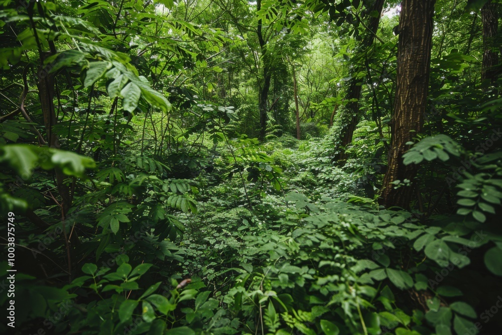 Fototapeta premium Lush Tropical Jungle with Dense Green Foliage and Vibrant Plant Life, Capturing the Beauty of Wild Nature
