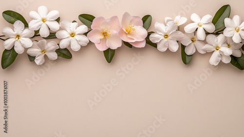 Delicate arrangement of blooming white and pink flowers on a soft neutral background