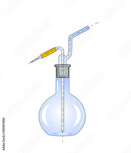 Flat-bottom lab flask. Chemical glassware: wash bottle with tube. Chemistry science experiment. Flat cartoon vector illustration isolated on white background
