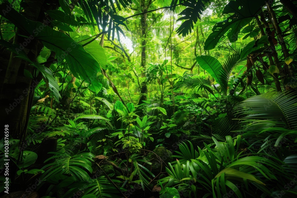 Lush Tropical Jungle with Dense Green Foliage and Vibrant Plant Life, Capturing the Beauty of Wild Nature Lush Tropical Jungle with Dense Green Foliage and Vibrant Plant Life, Capturing the Beauty of Wild Nature