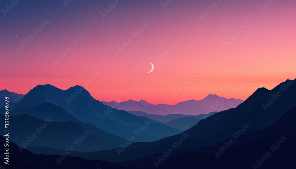 Fototapeta premium Serene mountain landscape at sunset with colorful sky and crescent moon.