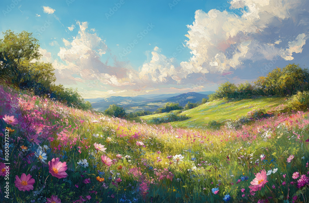 Obraz premium Serene Hillside in Spring: An Impressionist Painting Perfect for Tranquil Spaces and Nature Lovers