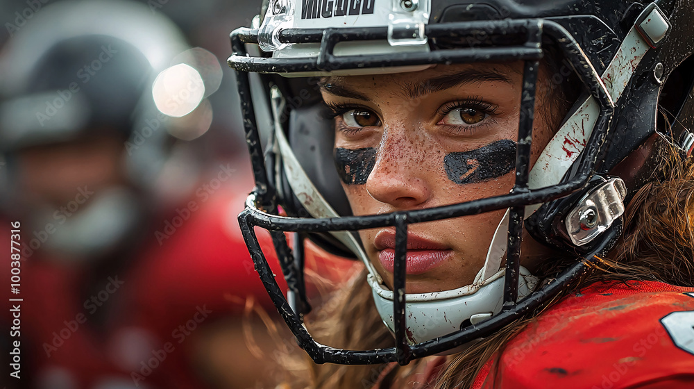 Obraz premium A female athlete in the midst of a football game, her focus and determination clear as she leads her team with skill and strategy