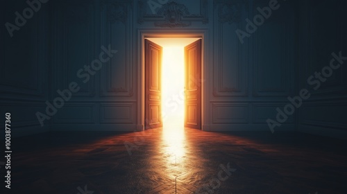 Glowing Open Door with Light in Dark Room