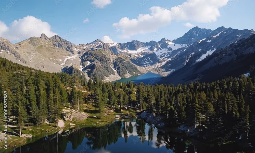 Majestic aerial view of a serene mountain lake surrounded by pine forests, with snow-capped peaks reflected in the still water. . Video Majestic aerial view of a serene mountain lake surrounded by pine forests, with snow-capped peaks reflected in the still water. . Video