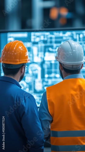 Two construction workers examining blueprints on a digital screen.