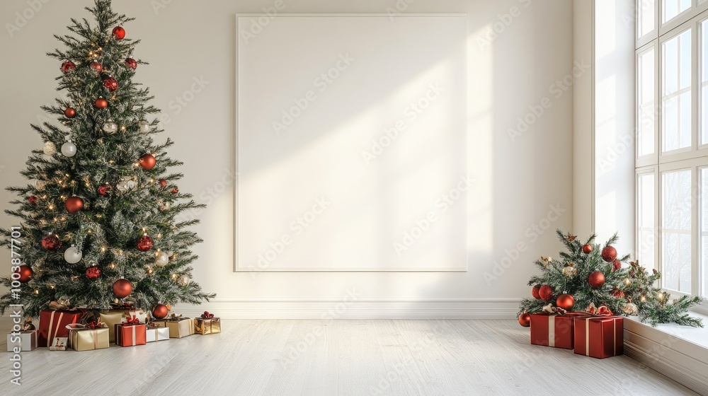 Christmas tree with presents and a blank canvas. Perfect for showcasing holiday products, designs, or seasonal messages. Christmas tree with presents and a blank canvas. Perfect for showcasing holiday products, designs, or seasonal messages.