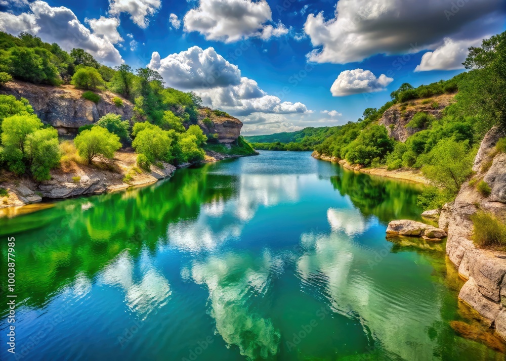 Fototapeta premium Discover serene canyon lake views in Texas, showcasing crystal-clear waters and breathtaking natural landscapes that invite tranquility and exploration amidst stunning scenery.