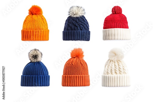 Set of knitted wool hats isolated on white background photo