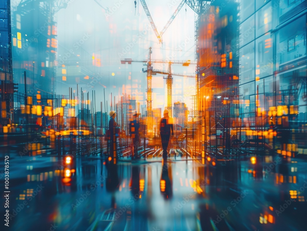 Abstract cityscape with construction cranes and workers reflecting urban growth and development in a vibrant, futuristic setting. Abstract cityscape with construction cranes and workers reflecting urban growth and development in a vibrant, futuristic setting.
