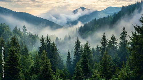 Misty Mountain Forest Landscape with Pine Trees