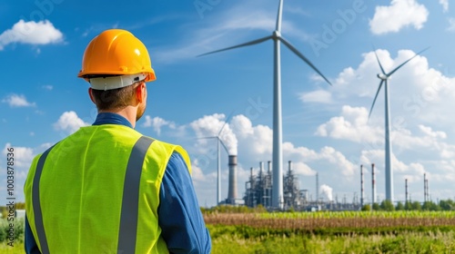 Energy Worker Observing Wind Turbines and Power Plant