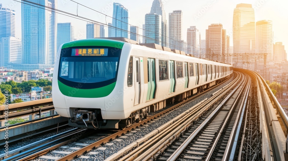 Modern High-Speed Train Traveling Through Cityscape, Urban Transportation Technology Concept Modern High-Speed Train Traveling Through Cityscape, Urban Transportation Technology Concept